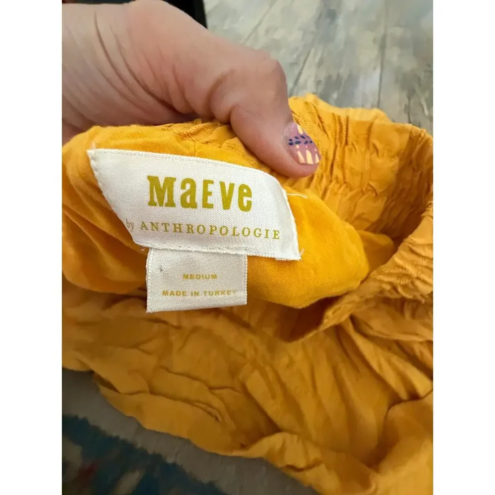 Maeve Carnacion Textured Maxi Skirt Size M Mustard Drawstring Waist Button Front